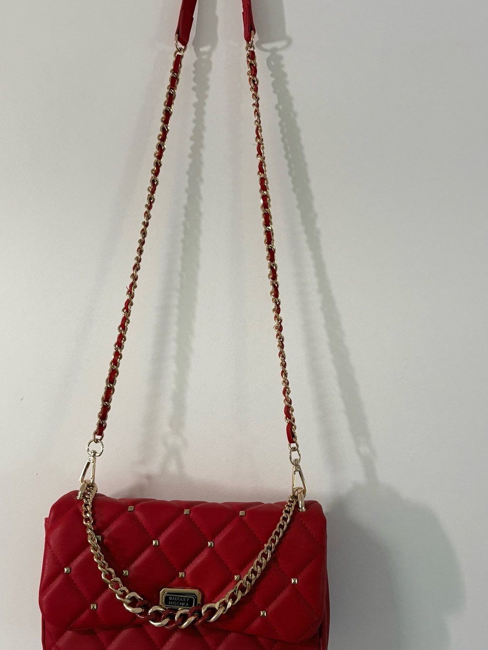 Badgley Mischka Red studded Quilted Crossbody with Gold Chain